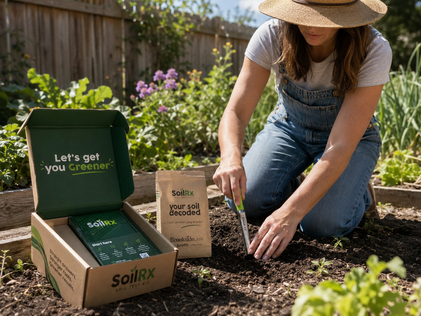 A gardener using the Lammas core probe to collect a soil sample in a backyard garden